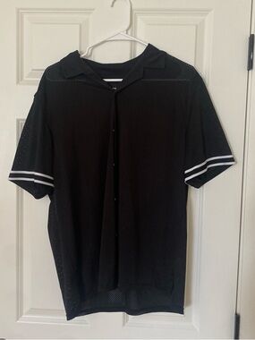 Black Short-Sleeve Mesh Button-Up Shirt with White Sleeve Stripes
